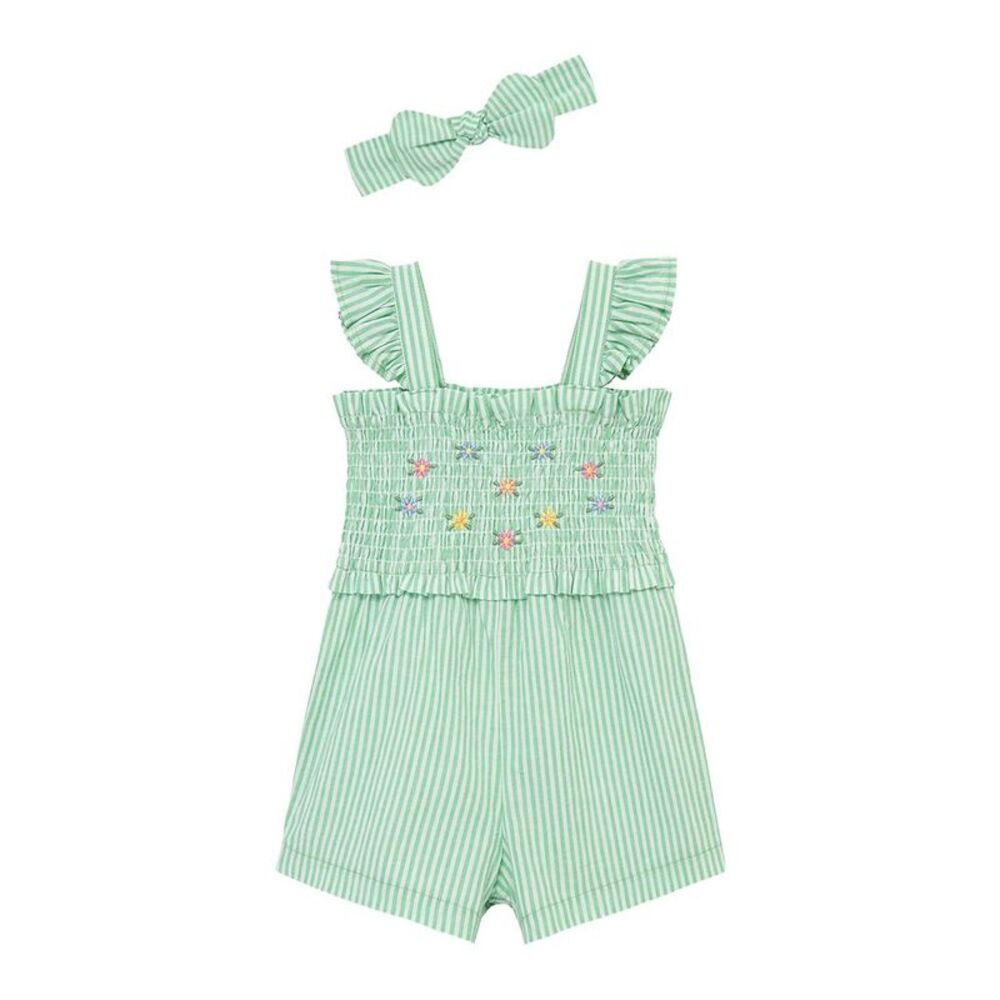 Little Me Green Embroidered Wvn Romper Headband